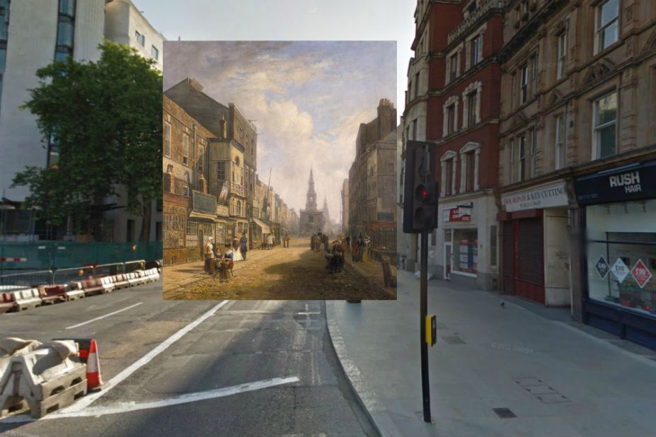 The Strand is a major thoroughfare cutting through central London, and a view of it looking east is shown here in a painting by an anonymous artist. The buildings on the right of the picture are mostly all gone. 