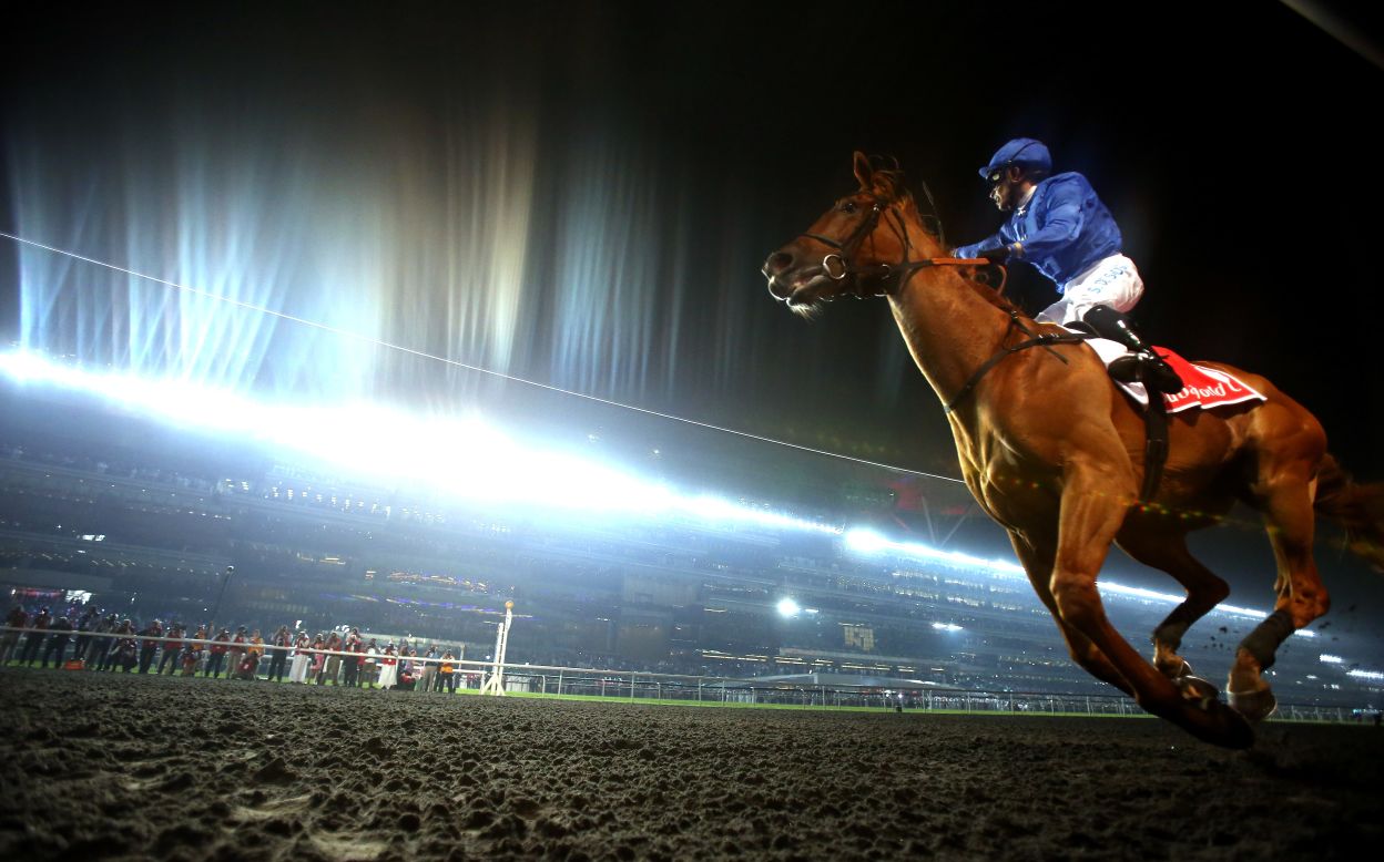 Silvestre De Sousa celebrates riding African Story to victory the Dubai World Cup at the Meydan in 2014. 
