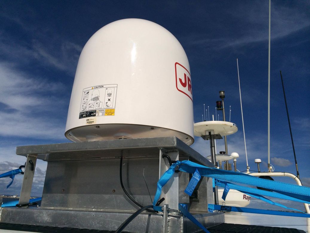 This stabilized satellite antennae, known as a Marine BGAN, automatically compensates for the movement of the boat, allowing CNN to go live while on the water.