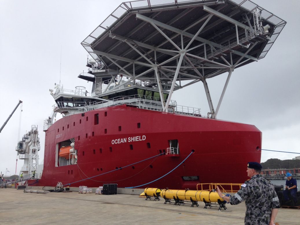 The Australian Defense Vessel Ocean Shield leaves port for the suspected Flight 370 search zone, bringing sophisticated equipment to listen for the flight data recorder's locator beacon.