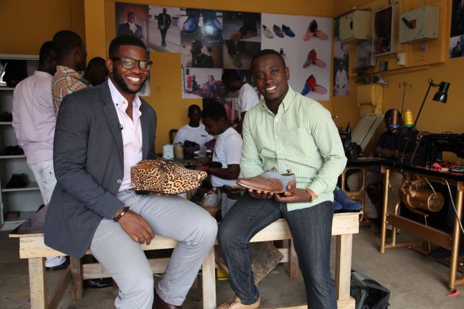 In 2011, Deegbe (left) teamed up with friend Vijay Manu to start a high-end shoemaking company based in Accra, the capital of Ghana.