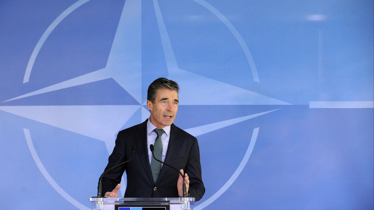 NATO Secretary General Anders Fogh Rasmussen talks during a press conference prior to a Foreign Affairs ministers meeting at the NATO headquarters in Brussels on April 1, 2014. NATO foreign ministers will gather in Brussels on Tuesday as the defence alliance seeks to reinforce its eastern frontier against a resurgent Russia emboldened by the annexation of Crimea.