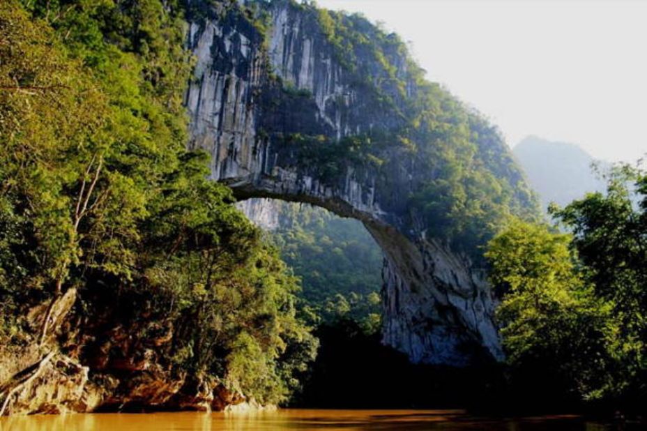 The Fairy Bridge in Guangxi, China has the longest natural bridge span. It's only accessible by a three-hour rafting trip.