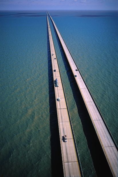 The longest continuous bridge over water, the Lake Pontchartrain Causeway in Louisiana, runs 23.79 miles over open water.