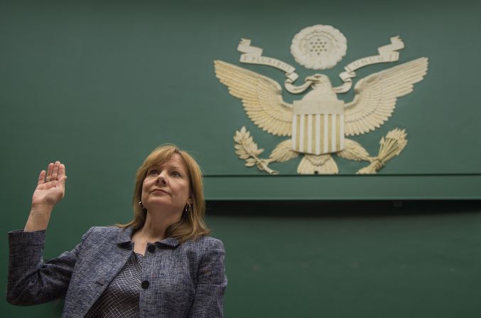 General Motors CEO Mary Barra is sworn in before the House Energy and Commerce Committee on Tuesday, April 1, in Washington. Barra <a href="index.php?page=&url=http%3A%2F%2Fmoney.cnn.com%2F2014%2F04%2F01%2Fnews%2Fcompanies%2Fbarra-congress-testimony%2F">apologized</a> for the 13 deaths that GM says were caused by a faulty ignition switch, and she apologized for GM's 10-year delay in issuing a recall. 