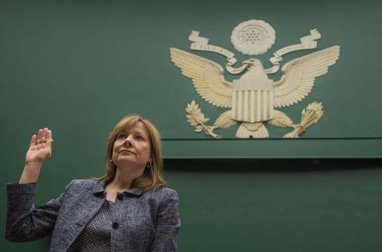 General Motors CEO Mary Barra is sworn in before the House Energy and Commerce Committee on Tuesday, April 1, in Washington. Barra <a href="http://money.cnn.com/2014/04/01/news/companies/barra-congress-testimony/">apologized</a> for the 13 deaths that GM says were caused by a faulty ignition switch, and she apologized for GM's 10-year delay in issuing a recall. 
