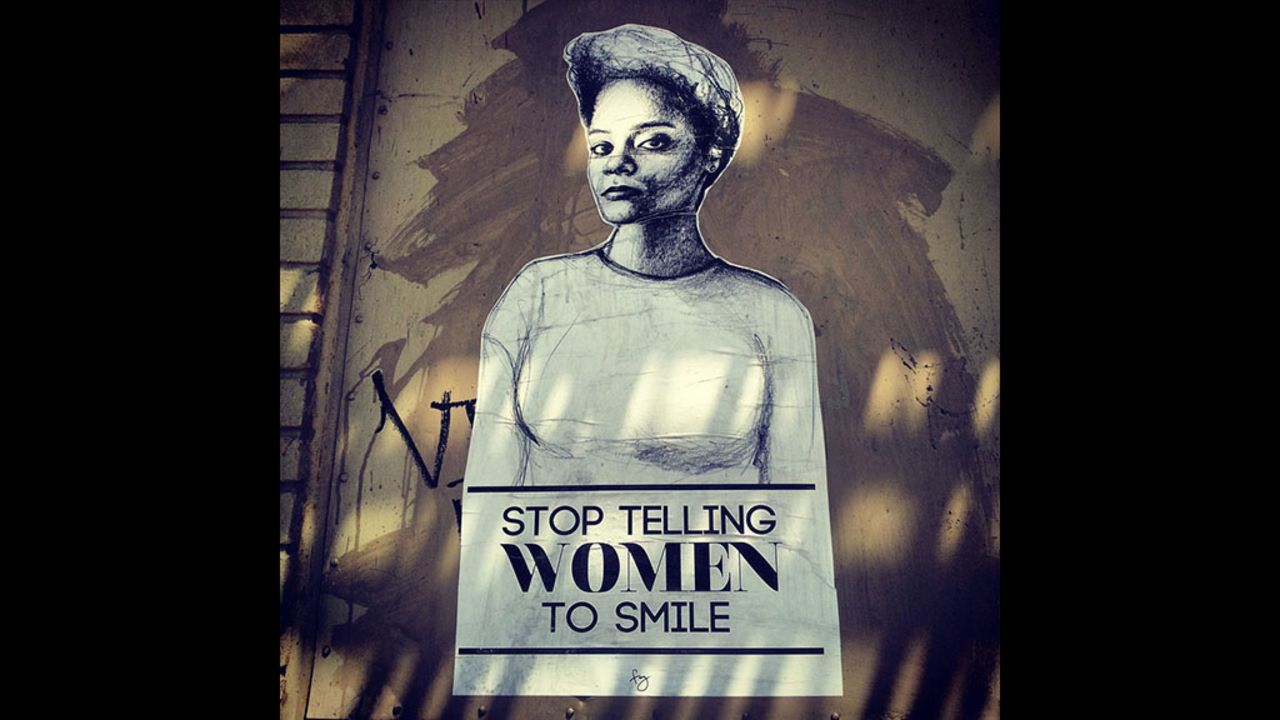 "Stop Telling Women to Smile" is an art project that has grown into a nationwide street art campaign to deter gender-based street harassment. Tatyana Fazlalizadeh's portraits include captions that tell passersby what women don't want to hear when they're walking down the street. Fazlalizadeh shared images of her work with people around the world so they could wheat-paste them in their communities on Friday, April 4, as part of International Anti-Street Harassment Week. This self-portait of Fazlalizadeh captures a common form of street harassment in which men often tell women to "smile."