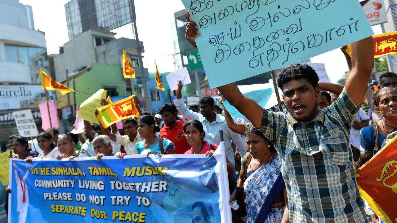 Sri Lankan pro-government protesters demonstrate outside the U.S. embassy in Colombo last month against the U.N. resolution.