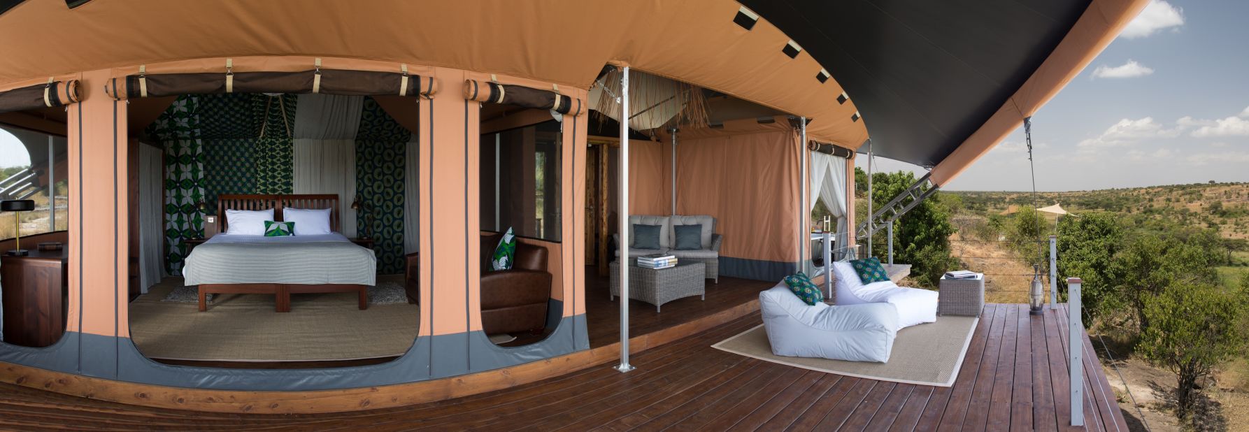 All 12 "tents" at Richard Branson's Mahali Mzuri camp come with canopied verandas replete with roll-top bath tubs and infinity pools. 