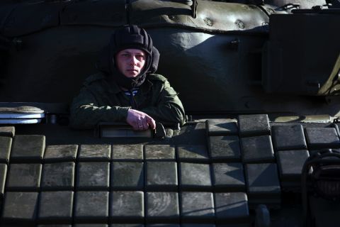 A Russian solder sits in a tank at the Ostryakovo railway station, not far from Simferopol on March 31.