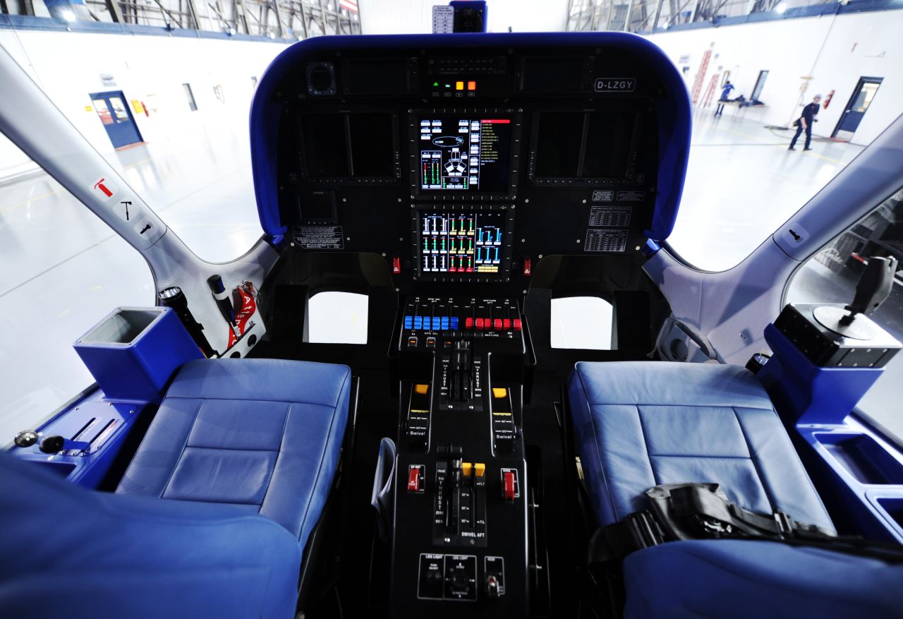 The NT cockpits of the new Goodyear blimps offer an updated instrument panel and fly-by-wire steering system controlled by joysticks. 