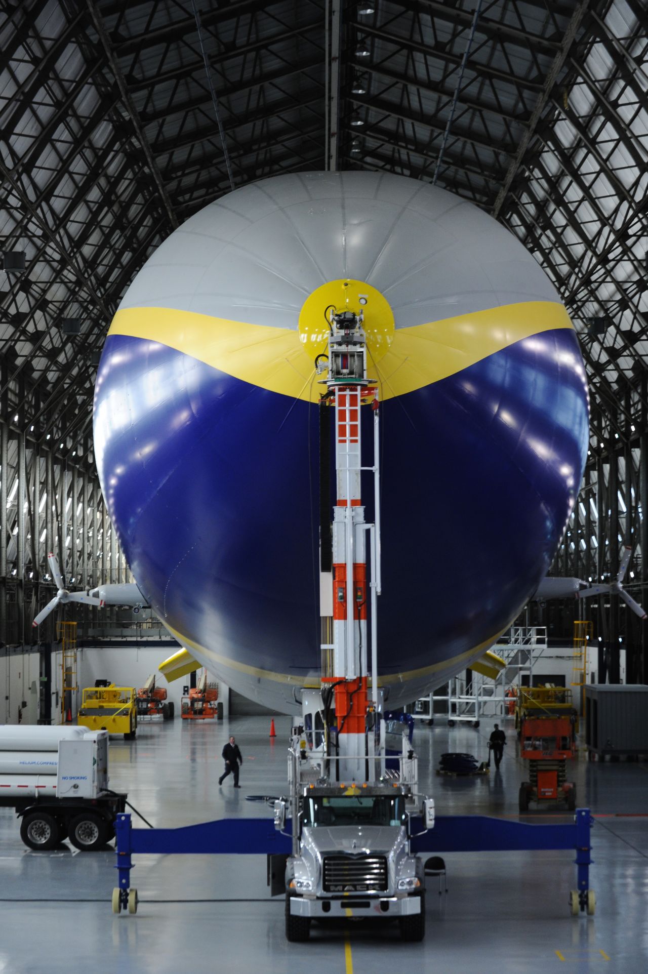 Keeping tabs on your blimp is easy if you have a mast to attach it to. This mast inside the Goodyear hangar has the Zeppelin's nose cone in its clutches.