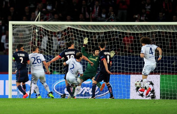 David Luiz's own goal, pictured, and Javier Pastore's effort in injury time gave PSG the win. 