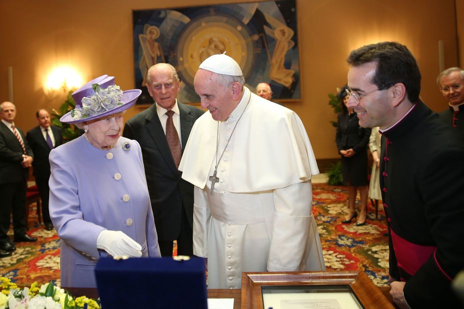 Britain's Queen Elizabeth II meets with Pope Francis at the Vatican on Thursday, April 3. Over the years, she has also met many of his papal predecessors.