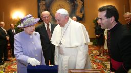 VATICAN CITY, ITALY - APRIL 03:  Queen Elizabeth II and Prince Philip, Duke of Edinburgh, have an audience with Pope Francis, during their one-day visit to Rome on April 3, 2014 in Vatican City, Vatican. During their brief visit The Queen and the Duke of Edinburgh will have lunch with Italian President Giorgio Napolitano and an audience with Pope Francis at the Vatican. The Queen was originally due to travel to Rome in April 2013 but the visit was postponed due to her ill health. The audience with Pope Francis will be the fifth meeting The Queen, who is head of the Church of the England, has held with a Pope in the Vatican.  (Photo by Oli Scarff/Getty Images)