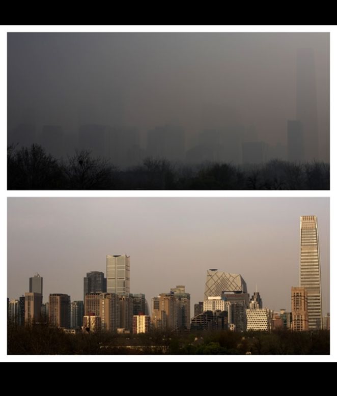 Estas dos fotos del paisaje urbano de Beijing muestran la calidad del aire durante la mañana (arriba) y por la tarde (abajo), el 1 de abril.