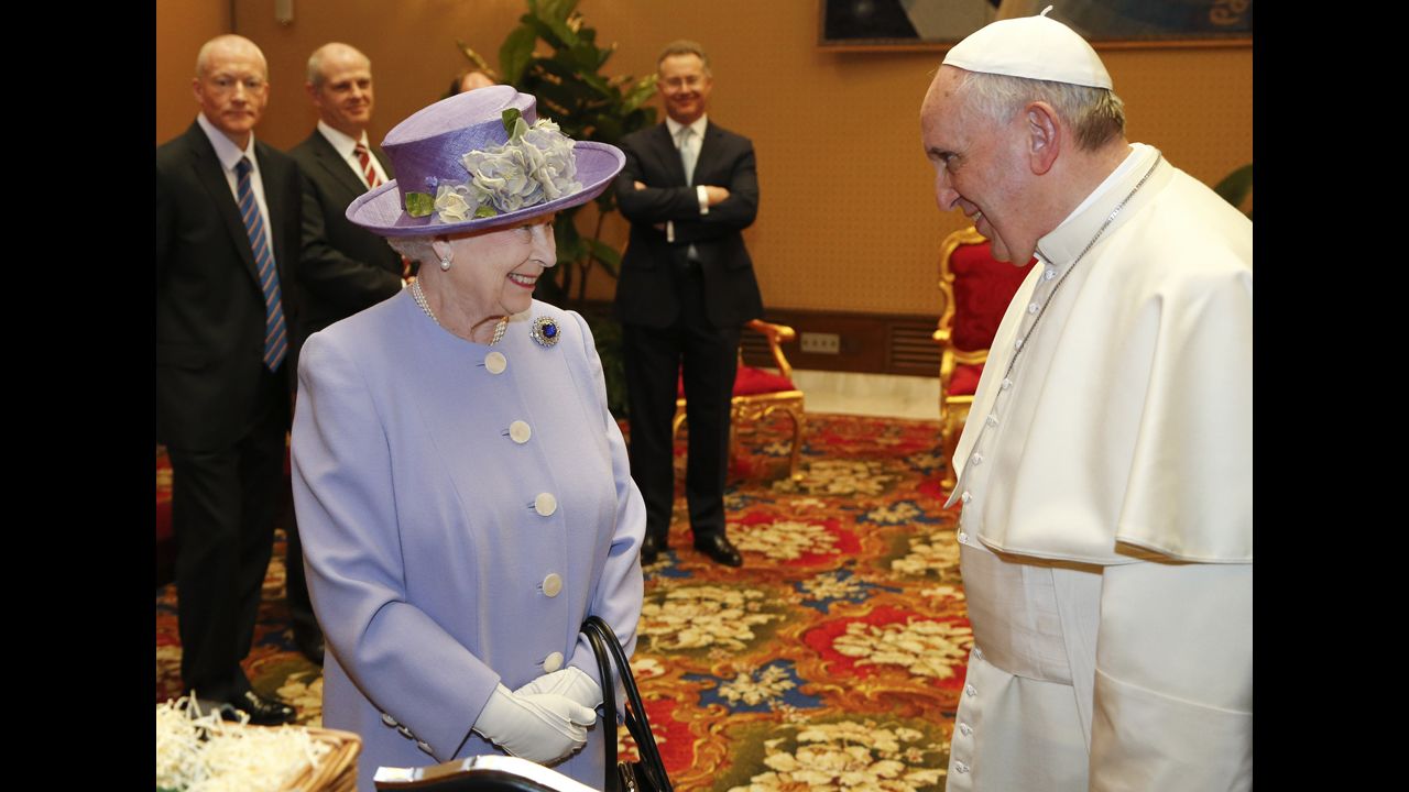 The Queen talks with Pope Francis at the Vatican. The Queen was originally due to travel to Italy last year, but the visit was postponed because of illness.