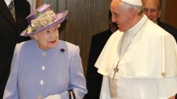 Britain's Queen Elizabeth II and Pope Francis meet at the Vatican, Thursday, April 3, 2014. Queen Elizabeth II has come to Rome for lunch with Italy's president Giorgio Napolitano  ahead of the British monarch's first meeting with Pope Francis. Before Francis, Elizabeth had met with four pontiffs, starting with Pope Pius XII in 1951, a year before her accession to the throne. (AP Photo/Stefano Rellandini, Pool)