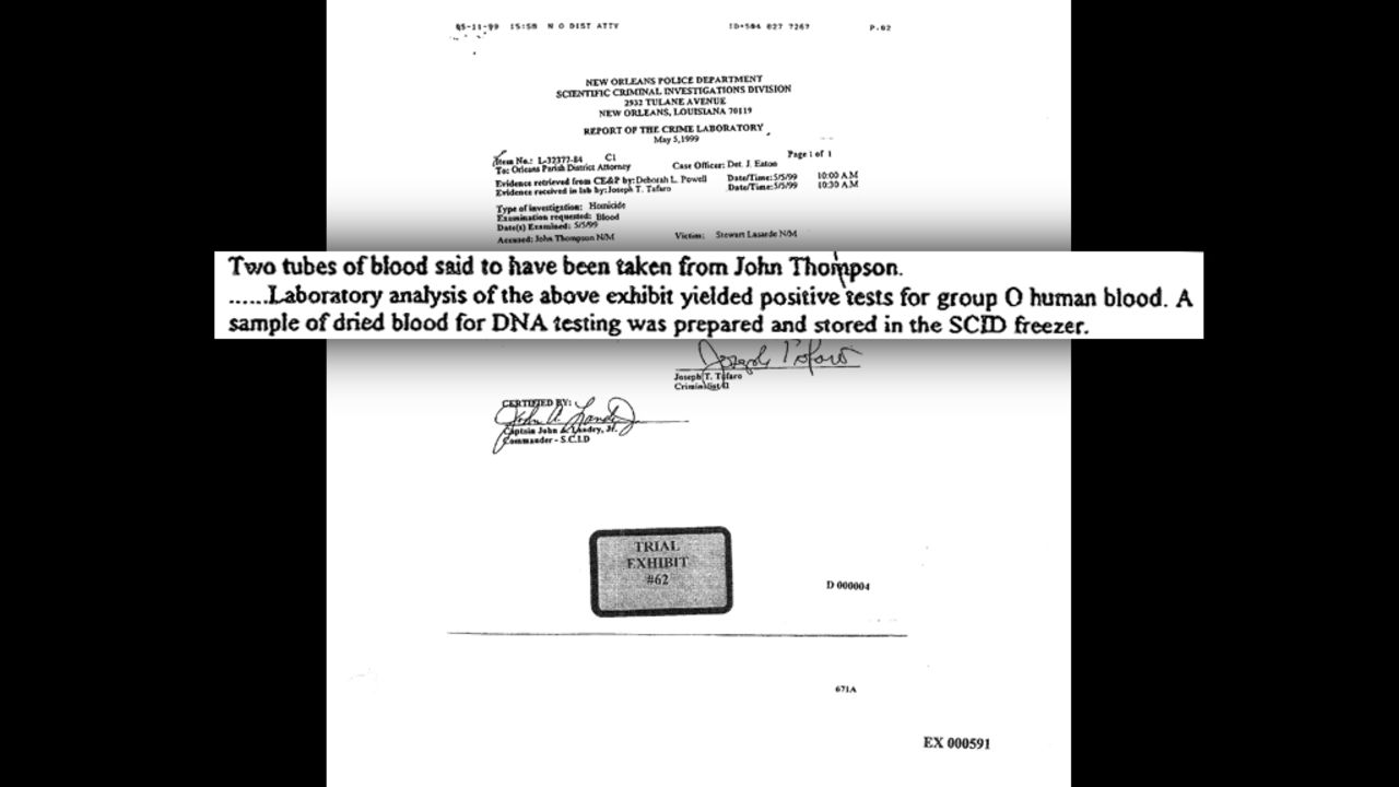 Thompson had been treated years ago for an injury at a local hospital. Abolafia begged someone she knew there to help her. "I said, 'three weeks from now this man's going to be executed. It's a matter of life and death. Please dig it up for me.' And she did." The hospital report proved Thompson has type O blood — different from the blood type of the carjacker. It was the carjacking conviction that led to Thompson receiving the death penalty. The blood type evidence blew the case wide open, and saved Thompson from being executed. 
