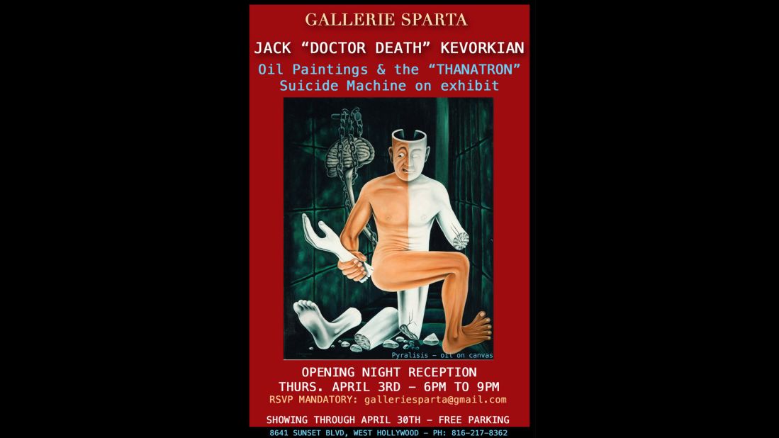 Euthanasia advocate Dr. Jack Kevorkian -- who died in 2011 -- was also an avid painter. Eleven of his works, as well as his "Thanatron" suicide machine, are on display and for sale this month at Gallerie Sparta in Hollywood, California. Here is a look at some of his works: