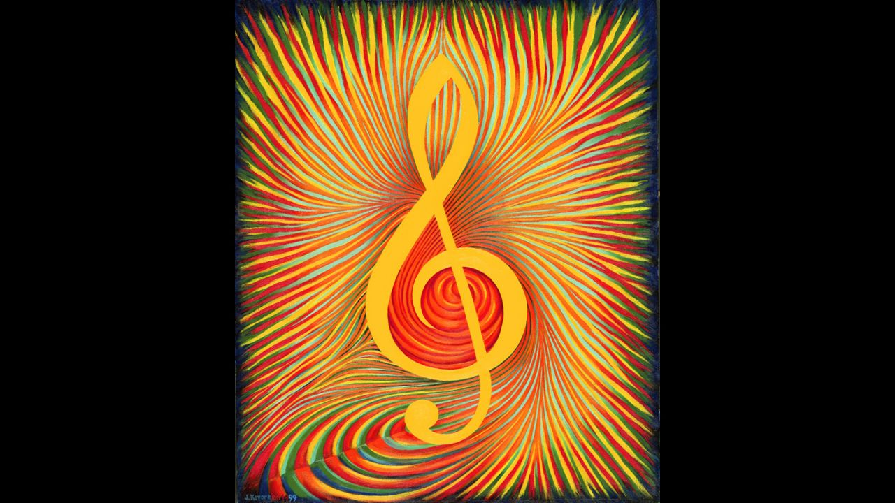 This 1999 painting of a treble clef, called "Chromatic Fantasy," is displayed with the Bach portrait and "Fugue," which displays a treble clef.