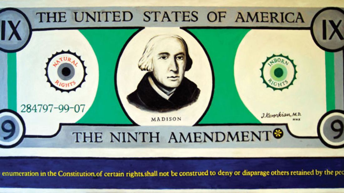 "The Ninth Amendment" was Kevorkian's homage to the portion of the Bill of Rights that basically allows for other rights not listed in the U.S. Constitution. Kevorkian believed that this amendment "gave Americans the right to determine the exact timing of their own death - if they so chose." This was Kevorkian's final painting.
