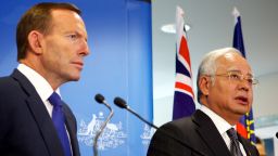 Malaysian Prime Minister Najib Razak (R) and Australian Prime Minister Tony Abbott speak to the media in Perth on April 3, 2014.