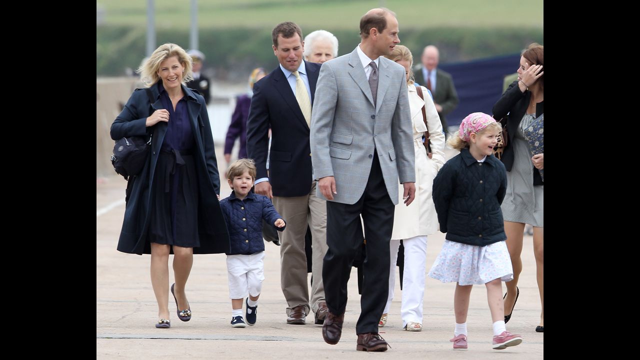 From left: Sophie, Countess of Wessex; her son, James, Viscount Severn; her nephew, Peter Phillips; her husband, Prince Edward, Earl of Wessex; her daughter, Lady Louise Windsor; and her niece Princess Eugenie disembark the Hebridean Princess in Scrabster, Scotland, in August 2010.