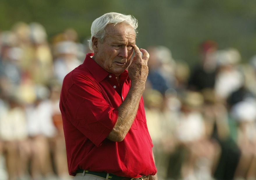 Augusta, 2004. As Palmer waits to putt out at the 18th green, for the 50th consecutive year, one of golf's all-time greats is overcome by emotion as his professional Masters career nears its end. 