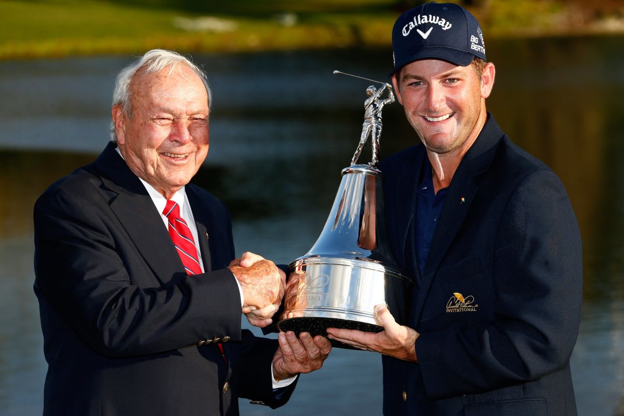 Palmer congratulates Matt Every after the American won last month's Arnold Palmer Invitational at Bay Hill, qualifying for the Masters. 