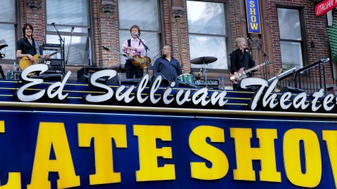 Musician Paul McCartney took over the marquee of the Ed Sullivan Theater, where the Beatles made big news in 1964, to performs for the '"Late Show" on July 15, 2009.