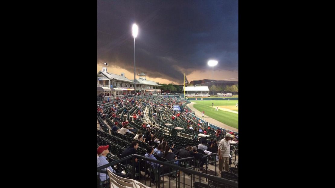 Storms rolling through Frisco, Texas, north of Dallas, at Dr. Pepper Ballpark for the Double-A baseball home opener for the Frisco Rough Riders against the Northwest Arkansas Naturals.  The game was postponed in the third inning and will be made up with a double-header on Friday.
