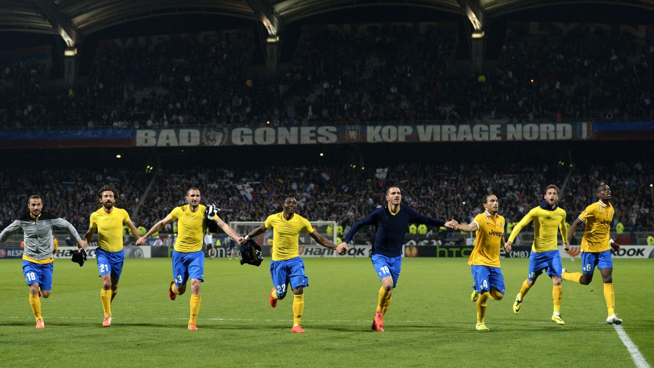 Juventus players celebrate a 1-0 win over Lyon in their Europa League quarterfinal first leg tie.   