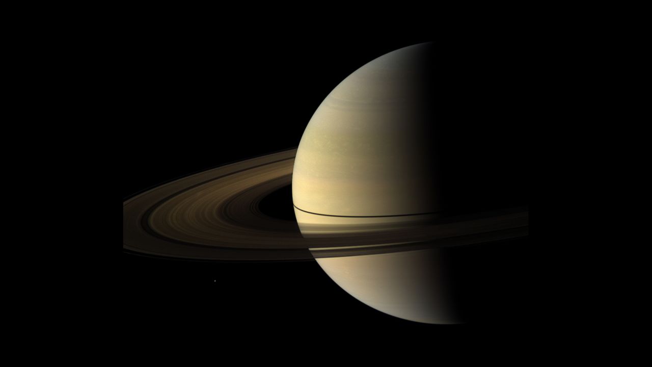 Saturn's rings cast a narrow shadow on its surface in this image taken in August 2009.