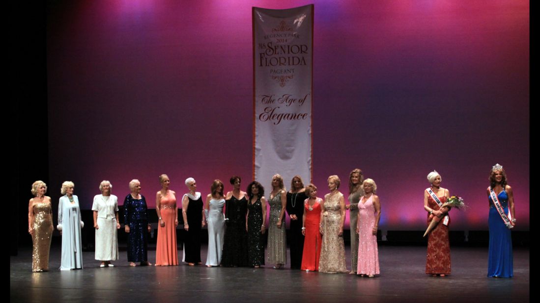 The 15 Ms. Senior Florida contestants stand on stage with Betsy Horn, Ms. Senior Florida 2013, second from right, and Carolyn Corlew, Ms. Senior America 2013, far right. 