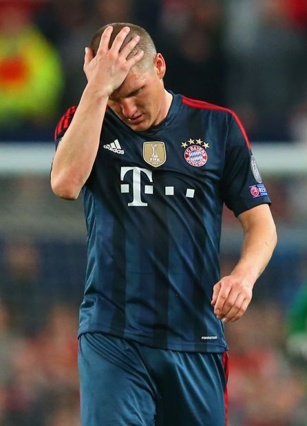 Bayern Munich Bastian Schweinsteiger scored against Manchester United before later being sent off.