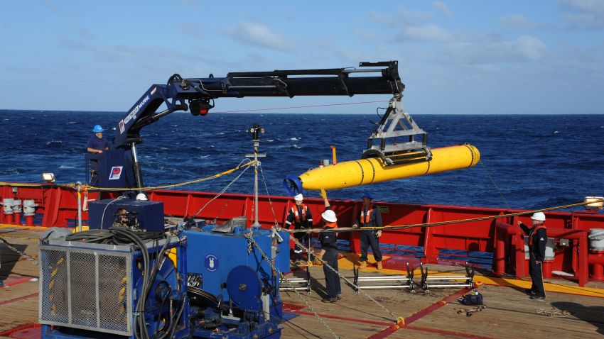In this handout image provided by the U.S. Navy, The Bluefin 21, Artemis autonomous underwater vehicle (AUV) is hoisted back on board the Australian Defence Vessel Ocean Shield after successful buoyancy testing April 1, 2014 in the Indian Ocean.