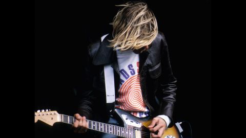 Cobain performs on stage at the 1991 Reading Music Festival in England.