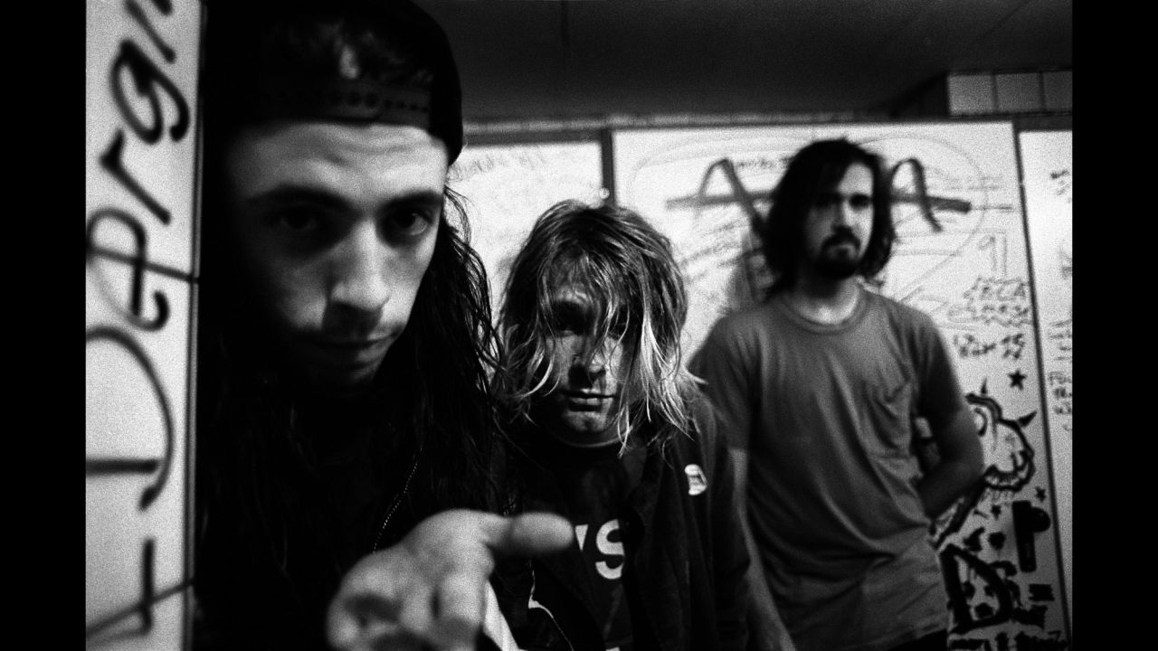 From left, Grohl, Cobain and Novoselic are seen in Frankfurt, Germany, in 1991. 