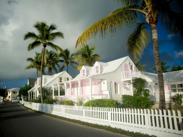 Eighteenth-century cottages dot the seafront of Dunmore Town on Harbour Island, visited weekly by the "MV Bahamas Daybreak III." 