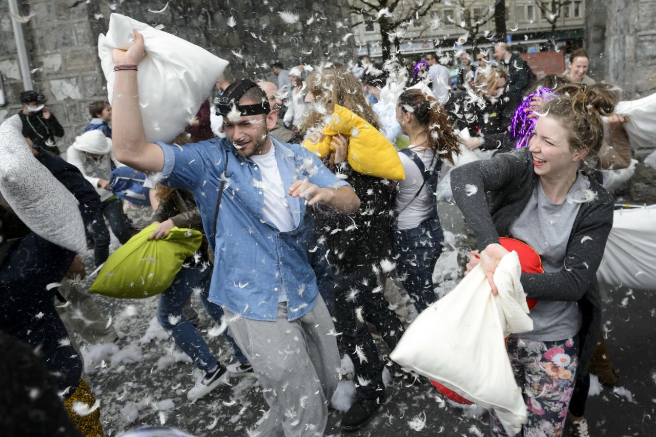 Swiss revelers take part in Lausanne, Switzerland.