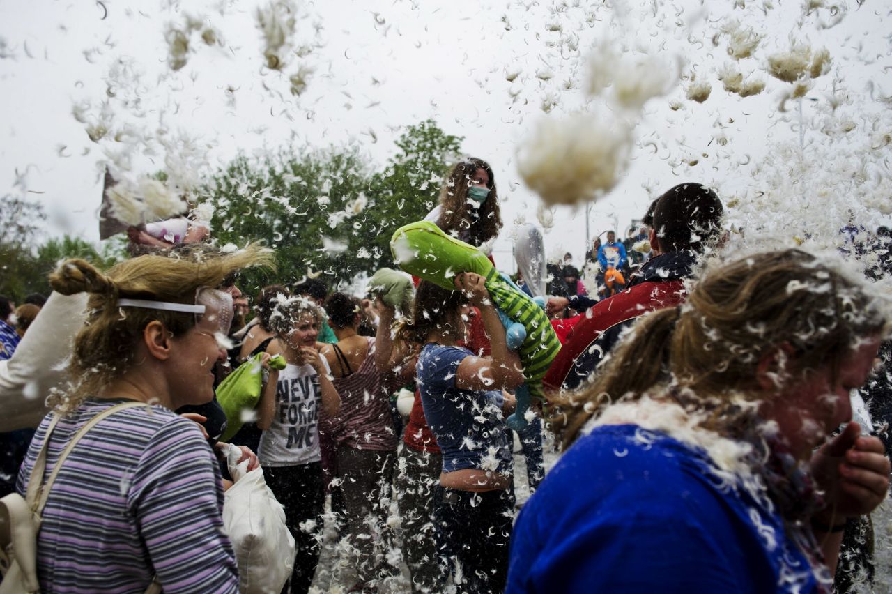 Pillow-packing participants join the fight in Budapest, Hungary.