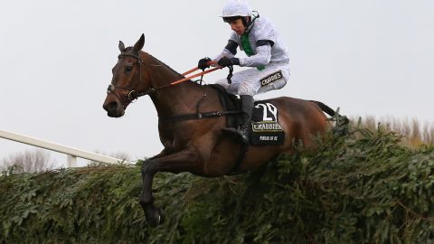 Pineau De Re clears the last fence on the way to victory in the Grand National steeplechase at Aintree Racecourse.