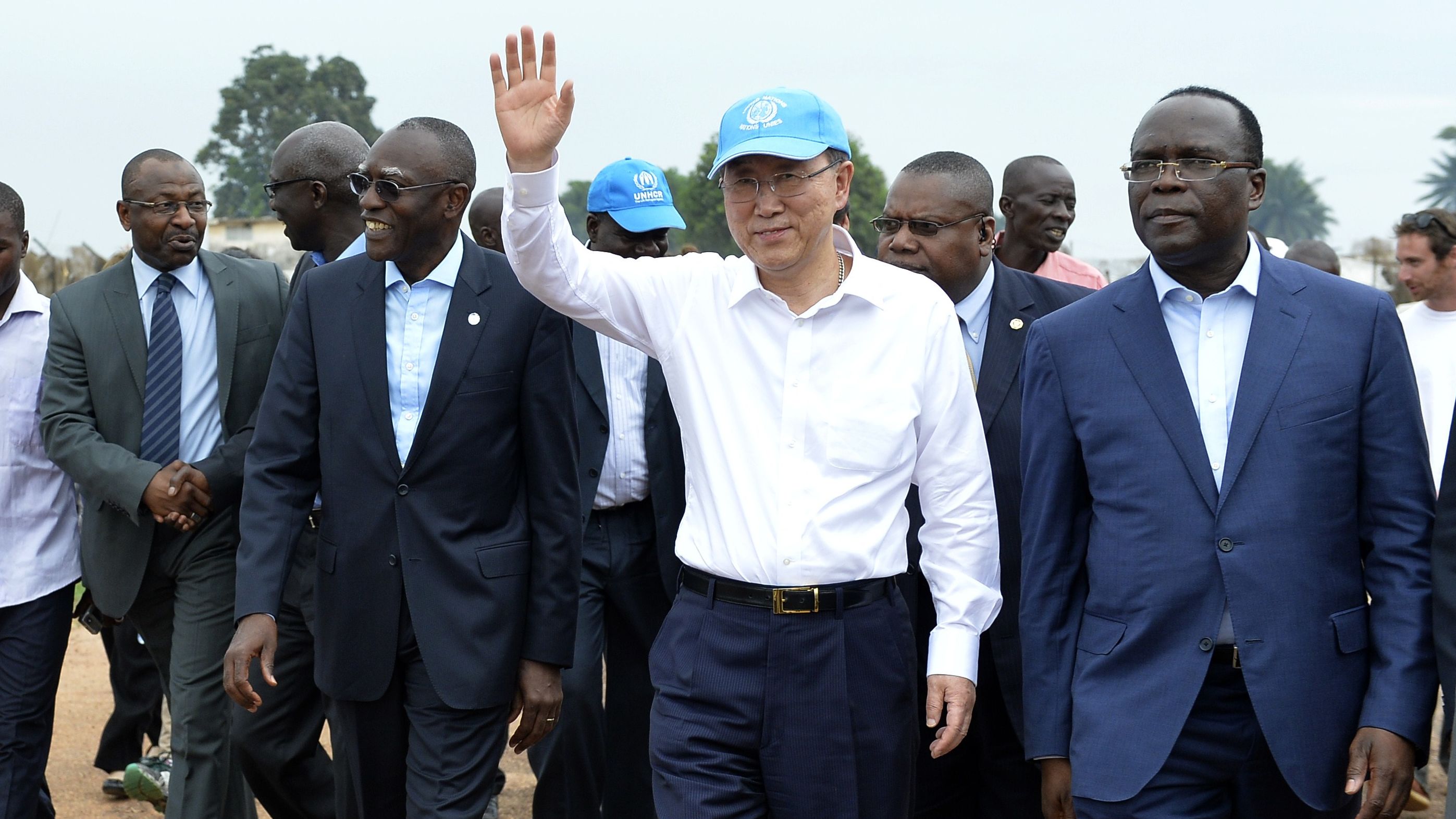 U.N. Secretary-General Ban Ki-Moon visits a camp for internally displaced persons outside Bangui on Saturday, April 5.