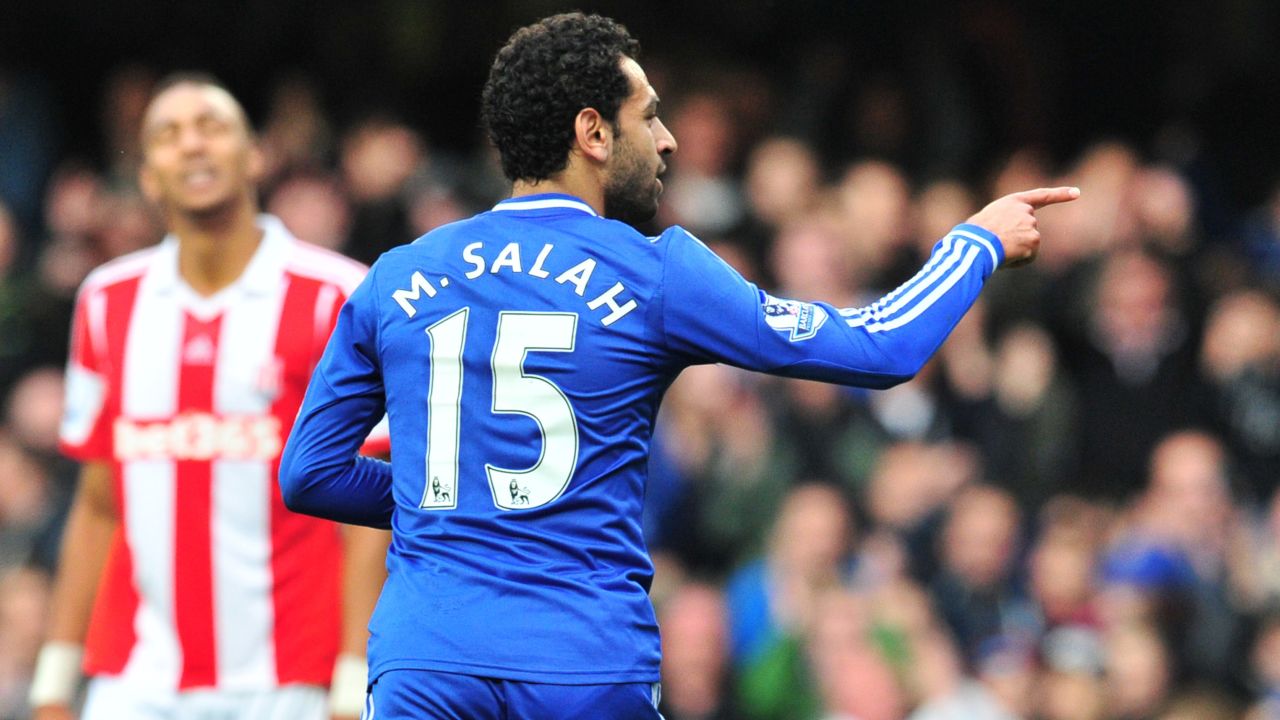 Mohamed Salah celebrates scoring Chelsea's opening goal in Saturday's 3-0 win at home to Stoke City.
