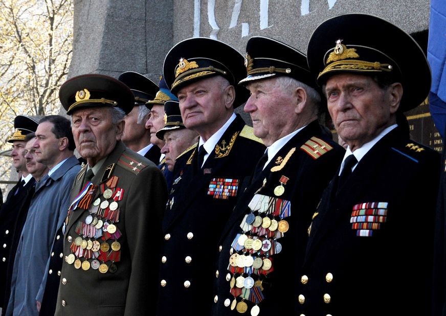 Soviet military veterans take part in a flower-laying ceremony at the Soviet-era World War II memorial in Sevastopol on Thursday, April 3. 