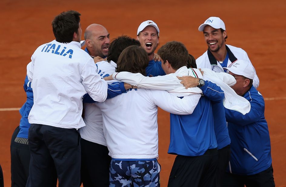 The Swiss will next face a jubilant Italian team, here celebrating after also coming from a 2-1 deficit to beat Britain. Fabio Fognini upset world No. 8 Andy Murray before  Andreas Seppi dispatched James Ward in the decider in Naples.