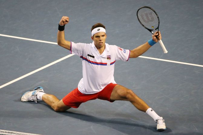 The French will have another home tie in the semifinals against the Czech Republic, who stayed on track for a third successive title after beating Japan 5-0 in Tokyo. Jiri Vesely, pictured, and Lukas Rosol won their reverse singles matches.  