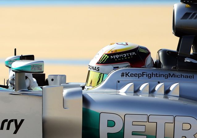 Hamilton was one of the drivers who had a message of support for comatose F1 legend Michael Schumacher on his car, bearing the Twitter hashtag "#KeepFighting Michael."