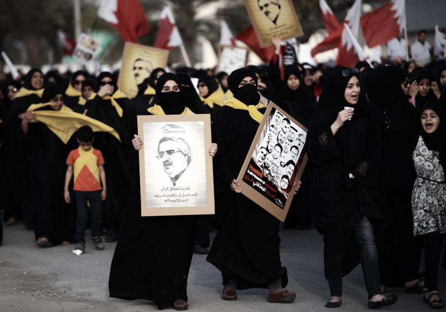 The first Bahrain race was held in 2004, but the 2011 event was canceled due to a civil uprising. Here women take part in a protest against the F1 Grand Prix in the village of Shakhurah, west of Manama, on April 4, 2014.